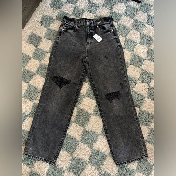 NWT Express Denim Mom Jeans High Rise Jeans Black Distressed Ripped Size 2R - Picture 1 of 9